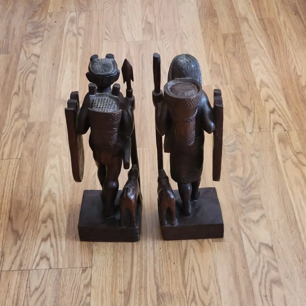 Vintage Latin American Carved Wood Book ends Statues Men and Women with dog